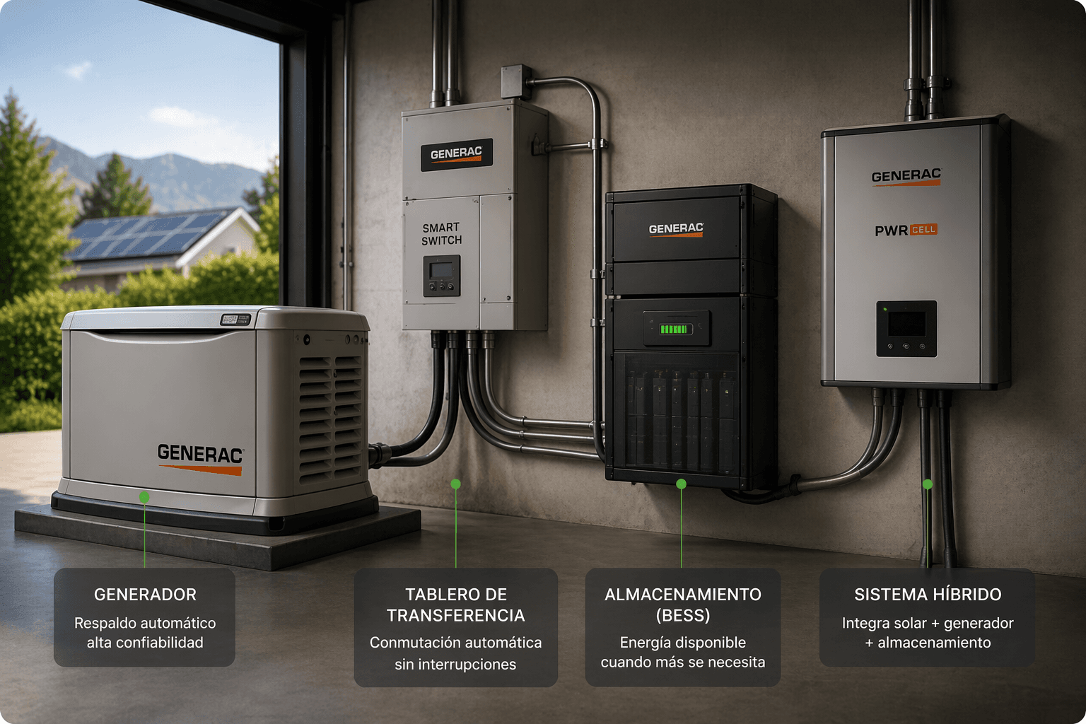 Generac · sistemas complementarios: Smart Switch, RTS, BESS e híbridos